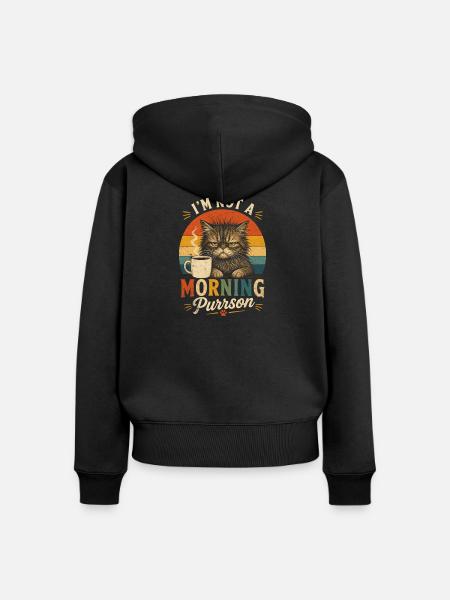 Morgenmuffel Katze mit Kaffee - Frauen Premium Bio Zip Hoodie - Schwarz