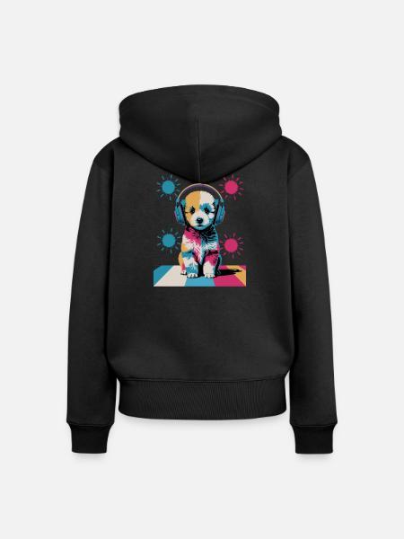 Pudel Welpe mit Kopfhörer - Frauen Premium Bio Zip Hoodie - Schwarz