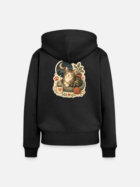 Gemütliche Katze Kaffee Garn - Frauen Premium Bio Zip Hoodie - Schwarz