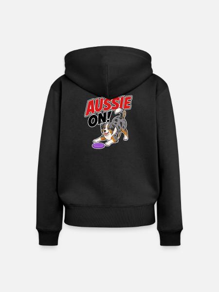 Aussie On! Verspielter Frisb-Hund - Frauen Premium Bio Zip Hoodie - Schwarz