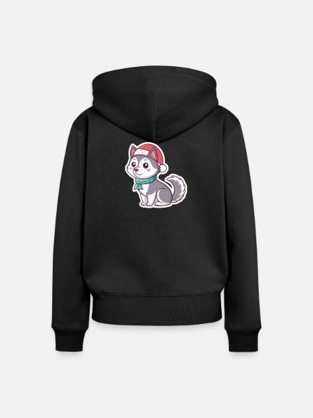 Festlicher Husky mit rotem Hut - Frauen Premium Bio Zip Hoodie - Schwarz
