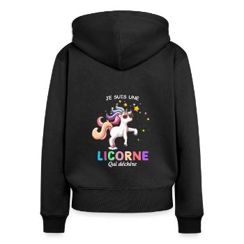 La Licorne Qui Déchire Idée Cadeau Cool - Sweat à capuche zippé Premium bio Femme - noir - Dos - Julia (174cm)
