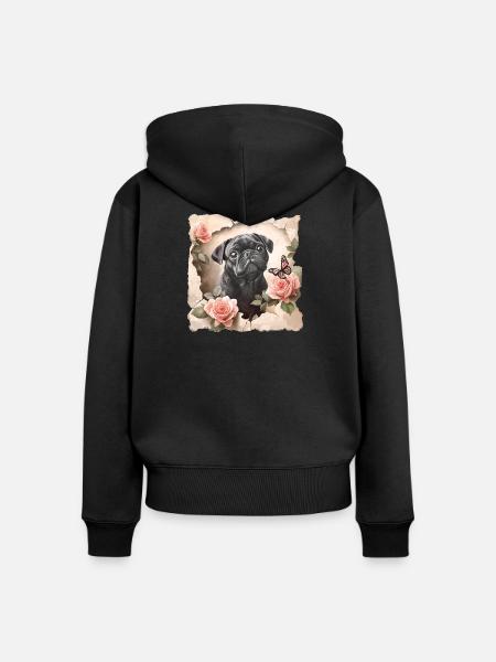 Mops mit Schmetterling - Frauen Premium Bio Zip Hoodie - Schwarz