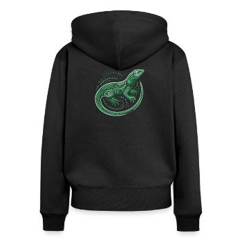 Eidechsen-Grüntöne, Aborigine-Motive, Tribal - Frauen Premium Bio Zip Hoodie - Schwarz - Hinten - Julia (174cm)