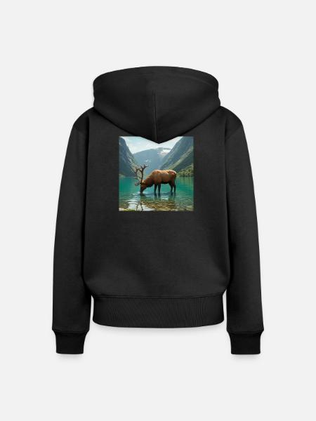 Alpenhirsch am ruhigen See - Frauen Premium Bio Zip Hoodie - Schwarz