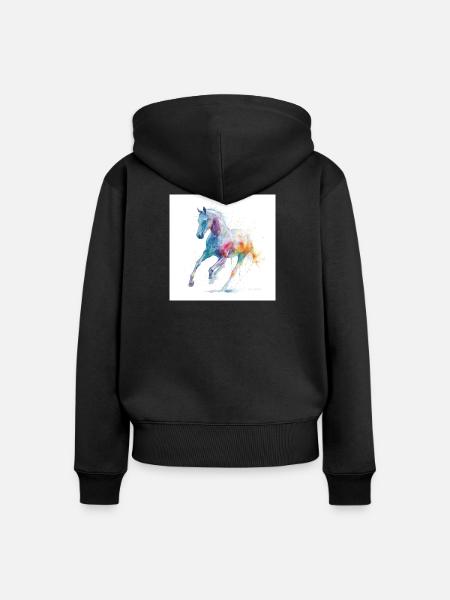 Regenbogen-Aquarellpferd in Bewegung - Frauen Premium Bio Zip Hoodie - Schwarz