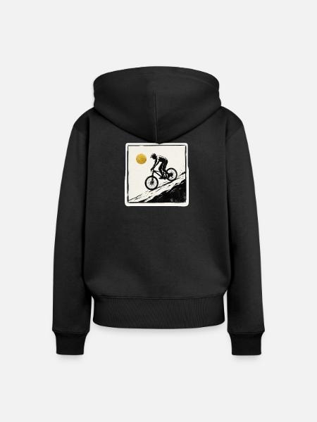 Mountainbiker Holzschnitt Goldene Sonne - Frauen Premium Bio Zip Hoodie - Schwarz