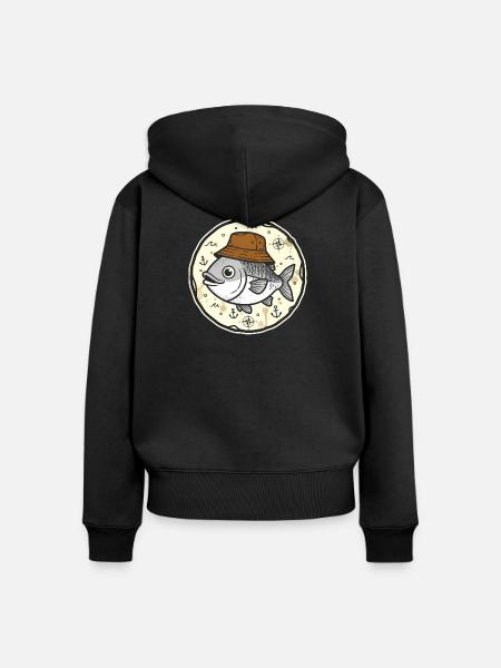 Fisch mit Hut im Nautik-Rundlogo - Frauen Premium Bio Zip Hoodie - Schwarz