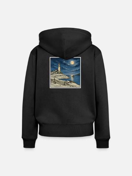Moonlit Lighthouse Küsten-Retro-Illustration - Frauen Premium Bio Zip Hoodie - Schwarz