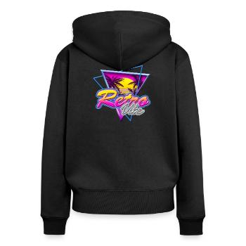 Retro Vibe - Nostalgie Neon Vapor Wave Palm Sunset - Sweat à capuche zippé Premium bio Femme - noir - Dos - Julia (174cm)