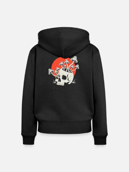 Totenkopf mit Pilzen Rote Sonne - Frauen Premium Bio Zip Hoodie - Schwarz