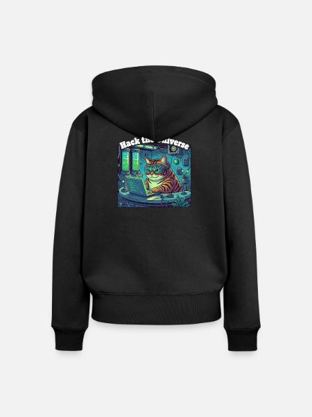 Hackerkatze im Universum - Frauen Premium Bio Zip Hoodie - Schwarz