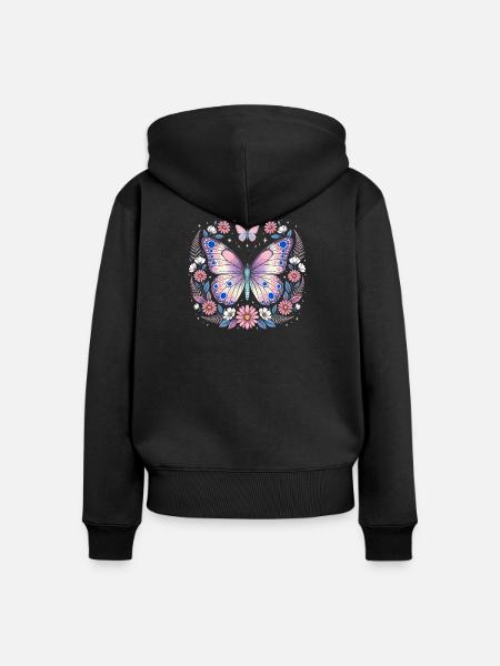 Pastellschmetterling im Blütenkranz - Frauen Premium Bio Zip Hoodie - Schwarz