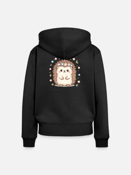 Blütenkranz-Igel Kuscheldesign - Frauen Premium Bio Zip Hoodie - Schwarz