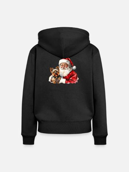 Weihnachtsmann- und Yorkshire Terrier-Kunst - Frauen Premium Bio Zip Hoodie - Schwarz