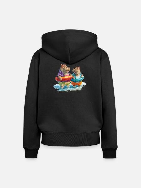 Hippos am Strand mit Schwimmreifen - Frauen Premium Bio Zip Hoodie - Schwarz