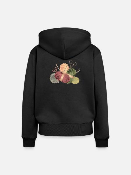 Wollknäuel & Stricknadeln mit Scheren - Frauen Premium Bio Zip Hoodie - Schwarz