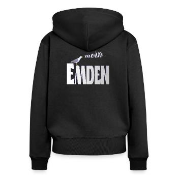 Emden Möwe & Moin Design - Frauen Premium Bio Zip Hoodie - Schwarz - Hinten - Julia (174cm)