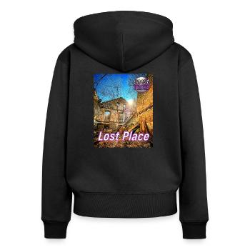 Lost Place - À l’ancienne forge - Sweat à capuche zippé Premium bio Femme - noir - Dos - Julia (174cm)