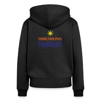 TORREMOLINOS-Eau du Soleil+Texte - Sweat à capuche zippé Premium bio Femme - noir - Dos - Julia (174cm)