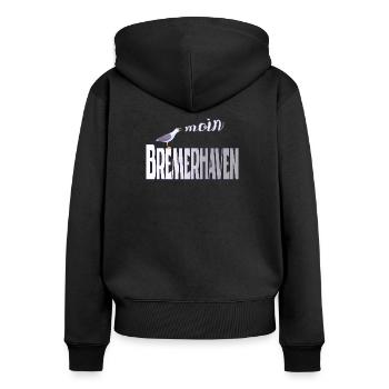 Bremerhaven Möwe & Moin Design - Frauen Premium Bio Zip Hoodie - Schwarz - Hinten - Julia (174cm)