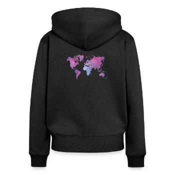 Carte du monde à l’aquarelle aux couleurs pastel - Sweat à capuche zippé Premium bio Femme - noir - Dos - Julia (174cm)