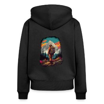 Wandern in den Bergen und frischer Bergluft - Frauen Premium Bio Zip Hoodie - Schwarz - Hinten - Julia (174cm)