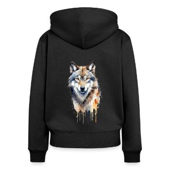 Stiller Wächter: Aquarell Grauer Wolf Porträt - Frauen Premium Bio Zip Hoodie - Schwarz - Hinten - Julia (174cm)