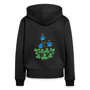 Columbine en bleu et vert - Sweat à capuche zippé Premium bio Femme - noir - Dos - Julia (174cm)