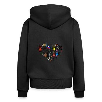Ich liebe Russland Herz aus russischen Symbolen - Frauen Premium Bio Zip Hoodie - Schwarz - Hinten - Julia (174cm)