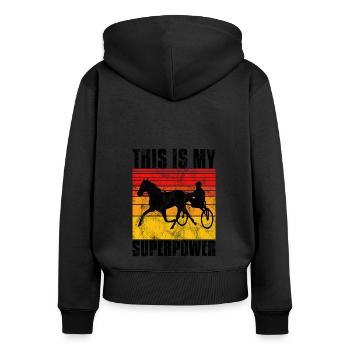 This is my Superpower Trabrennen Trabreiter Sulky - Frauen Premium Bio Zip Hoodie - Schwarz - Hinten - Julia (174cm)