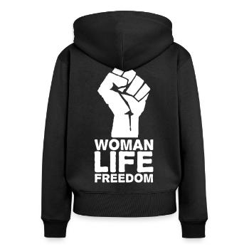 Woman, Life, Freedom | Free Iran! - Frauen Premium Bio Zip Hoodie - Schwarz - Hinten - Julia (174cm)