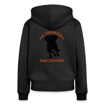 Erst Kennenlernen - Dann Liebhaben - Frauen Premium Bio Zip Hoodie - Schwarz - Hinten - Julia (174cm)