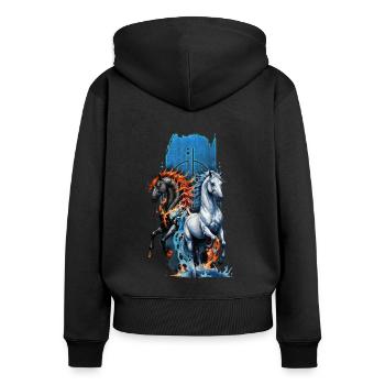 Ätherische Harmonie: Majestätisches Wasser- und Feuerpferd - Frauen Premium Bio Zip Hoodie - Schwarz - Hinten - Julia (174cm)