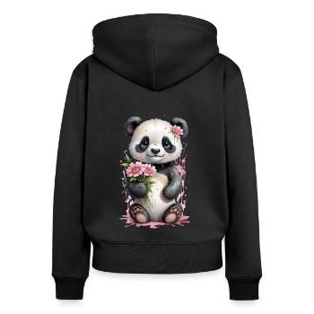 Panda Kawaii avec des fleurs - Adorable aquarelle - Sweat à capuche zippé Premium bio Femme - noir - Dos - Julia (174cm)