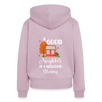 Amis du quartier Humour Alcool - Sweat à capuche zippé Premium bio Femme - rose poudré - Dos - Julia (174cm)