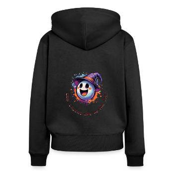 Hou! Les rires sont dans l’air ! Doux fantôme de sorcière - Sweat à capuche zippé Premium bio Femme - noir - Dos - Julia (174cm)