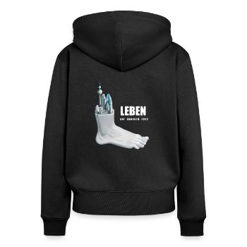 Leben auf großem Fuß - Frauen Premium Bio Zip Hoodie - Schwarz - Hinten - Julia (174cm)