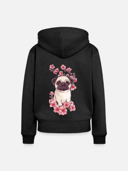 Mops mit Blüten - Frauen Premium Bio Zip Hoodie - Schwarz