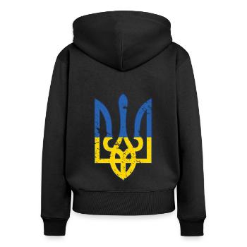Ukraine Flagge Symbol - Flagge der Ukraine - Distressed - Frauen Premium Bio Zip Hoodie - Schwarz - Hinten - Julia (174cm)