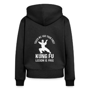 Kung Fu Shaolin Vintage Kampfkunst Sprüche - Frauen Premium Bio Zip Hoodie - Schwarz - Hinten - Julia (174cm)