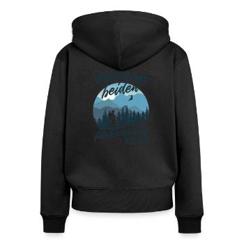 Fahrrad fahren Rennrad Spruch Einer von uns beiden - Frauen Premium Bio Zip Hoodie - Schwarz - Hinten - Julia (174cm)