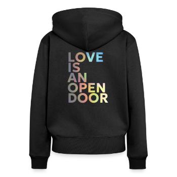 LOVE IS AN OPEN DOOR - Frauen Premium Bio Zip Hoodie - Schwarz - Hinten - Julia (174cm)