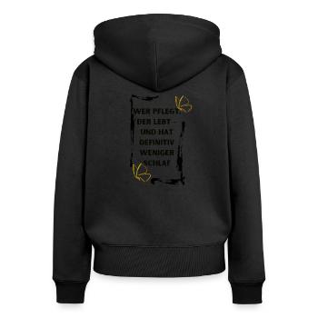 Wer pflegt der lebt - Frauen Premium Bio Zip Hoodie - Schwarz - Hinten - Julia (174cm)