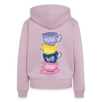Nous sommes tous fous ici - Mad Tea Party - Tasses à thé - Sweat à capuche zippé Premium bio Femme - rose poudré - Dos - Julia (174cm)