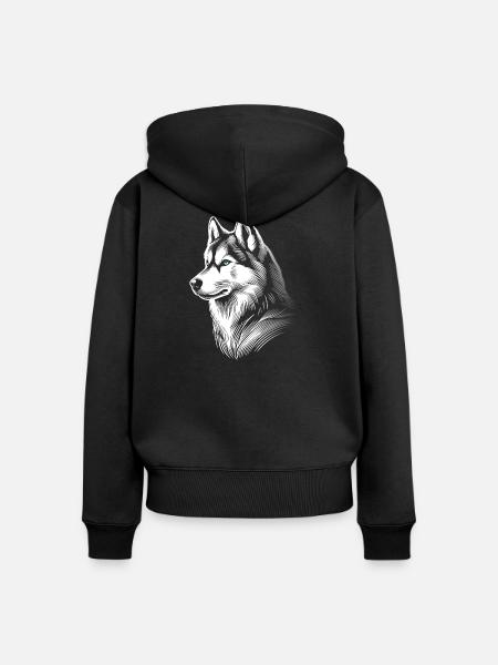 Huskykopf, schwarz-weiß, Hundeschlitten - Frauen Premium Bio Zip Hoodie - Schwarz