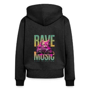 Rave-Musik-DJ-Katze - Frauen Premium Bio Zip Hoodie - Schwarz - Hinten - Julia (174cm)