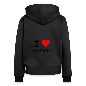 I love Hamburg / Ich liebe Hamburg - Frauen Premium Bio Zip Hoodie - Schwarz - Hinten - Julia (174cm)