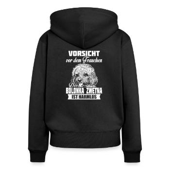 Bolonka Zwetna - Vorsicht - Frauen Premium Bio Zip Hoodie - Schwarz - Hinten - Julia (174cm)