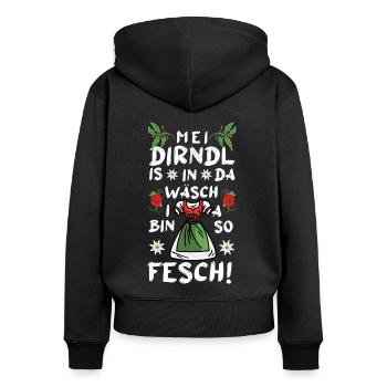 Mei Dirndl is in da Wäsch i bin a so Fesch - Frauen Premium Bio Zip Hoodie - Schwarz - Hinten - Julia (174cm)